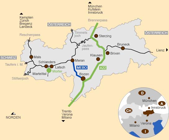 Karte Anfahrt mit dem PKW nach Morten Latsch in Sdtirol Vinschgau